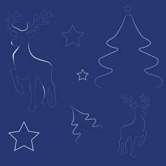 Christmas deer pattern on a blue  background with stars and a minimalistic Christmas tree