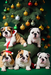 Cute and Adorable Bulldog. Christmas illustration photo portrait with christmas ornaments and winter themed background