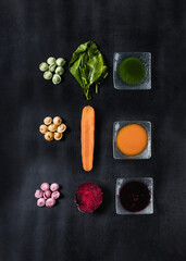 Natural dyes for dumplings. Carrots, beets, spinach. Pink, yellow and green dumplings.