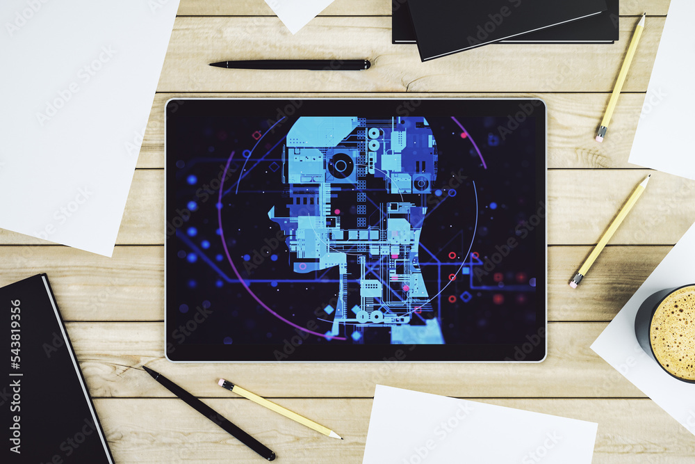 Poster top view of modern digital tablet monitor with creative artificial intelligence symbol. neural netwo
