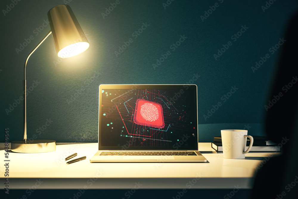 Aufkleber Modern computer screen with creative fingerprint hologram, personal biometric data concept. 3D Rendering
