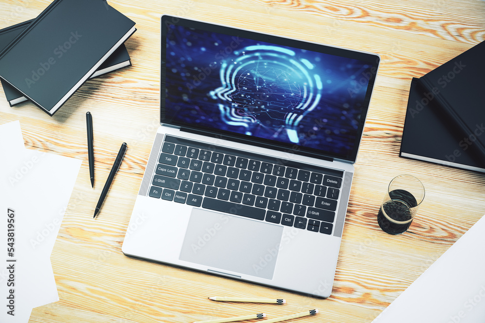 Poster creative artificial intelligence concept with human head hologram on modern laptop screen. 3d render