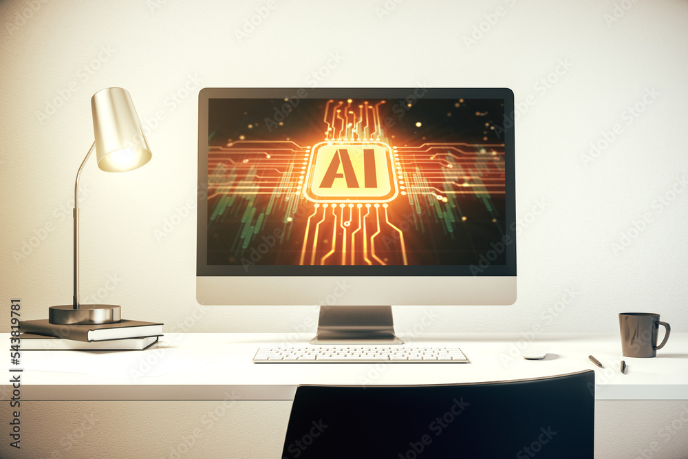 Poster creative artificial intelligence symbol concept on modern laptop screen. 3d rendering
