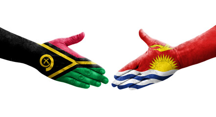 Handshake between Kiribati and Vanuatu flags painted on hands, isolated transparent image.