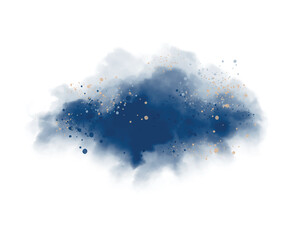 Abstract Watercolor Style Vector illustration with Dark Blue Cloud with Gold Paint Stains on a White Background. Cloud made of Stains and Splatter. Sky Print with Big Single Fluffy Cloud.