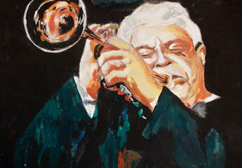 An old man plays the trumpet. Acrylic drawing of a trumpeter