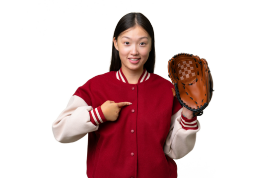 Young asian woman with baseball glove over isolated background with surprise facial expression