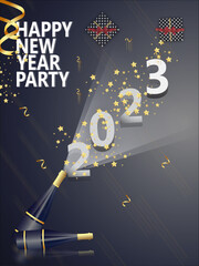 Happy new year 2023 gold and black collors place for text christmas stars