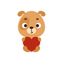 Cute little dog sitting and holding heart on white background. Cartoon animal character for kids t-shirt, nursery decoration, baby shower, greeting card, house interior. Vector stock illustration