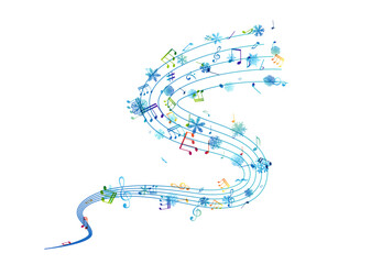 Snow melody. Winter decoration element from flying music notes and ornamental snowflakes. Christmas or new year song concept. Ornamental decor from swirl line