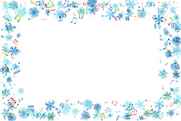 Snow melody. Vector frame. Winter decoration element from flying music notes and ornamental snowflakes. Christmas or new year song concept.