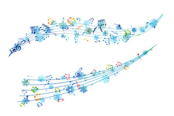 Snow melody. Winter decoration element from flying music notes and ornamental snowflakes. Christmas or new year song concept.