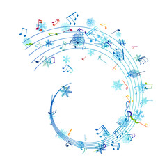 Snow melody. Winter decoration element from flying music notes and ornamental snowflakes. Christmas or new year song concept.