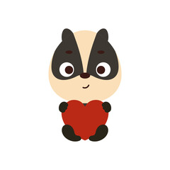Cute little badger sitting and holding heart on white background. Cartoon animal character for kids t-shirt, nursery decoration, baby shower, greeting card, house interior. Vector stock illustration