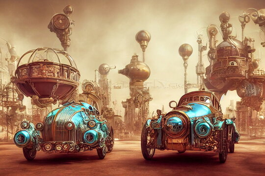 Science fiction illustration of a city with future futuristic vehicles. Digital art, AI graphics, background or wallpaper