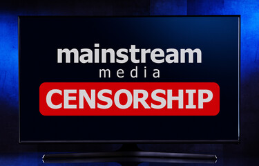 A TV set displaying the watchword: mainstream media censorship