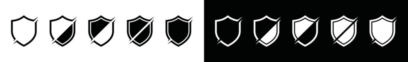 Shield slash icon vector set. Scratch marks on shield symbol logo. Shield protector, secure, protect, scutum, safeguard sign. Vintage, badge, emblem logo. Vector illustration