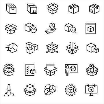 Box line icons. Package, delivery boxes, cargo box. Cargo distribution, export boxes, return parcel icons. Shipment of goods, open package. Linear set. Vector
