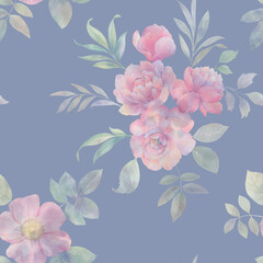 seamless pattern. abstract bouquet for design, botanical background, watercolor flowers with leaves.