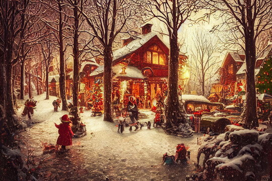 Christmas village with Snow in vintage style. Winter Village Landscape. Christmas Holidays. Christmas Card. 3d illustration