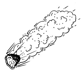 Flying fiery comet, meteorite, meteor sketch. Meteorite with flames and cloud of smoke, cosmic celestial body, meteor