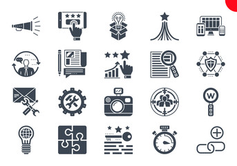 SEO Thin Glyph Related Icons Set on White Background. Simple Pictogram Pack Solid Logo Concept for Web Graphics