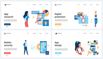 Obraz na płótnie Canvas Personal data protection and mobile app development, UI design and security set vector illustration. Cartoon tiny people develop software interface, construct online application on cloud platform