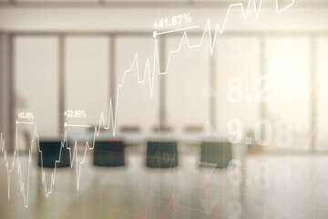 Double exposure of abstract creative financial chart hologram on a modern meeting room background, research and strategy concept