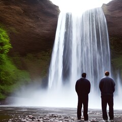 Three Men Standing Near Waterfalls 