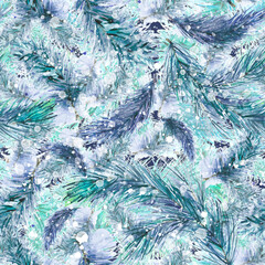 Watercolor Vintage seamless pattern. With a picture - a branch of spruce and cedar. The pattern of pine branches. Use for various designs, materials, packaging, paper. Abstract paint splash. fashion 