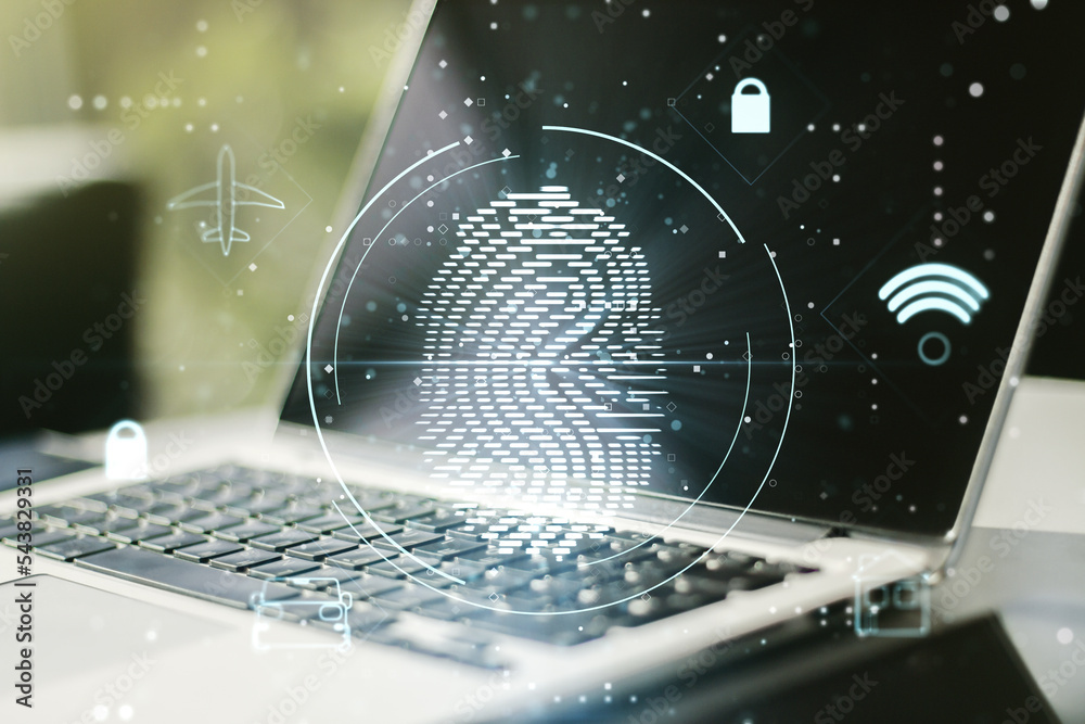 Aufkleber Multi exposure of abstract fingerprint scan interface on computer background, digital access concept