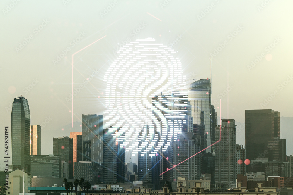 Poster Multi exposure of virtual fingerprint scan interface on Los Angeles office buildings background, digital access concept