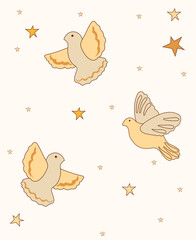Positive composition 70s with a flying doves and stars around. Composition in a vintage style perfect for cards, poster, postcard, banner. Vector