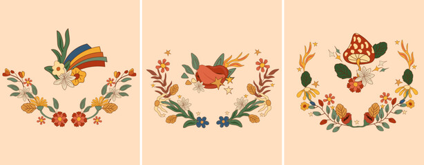 Positive composition 70s with a colorful wreath, groovy rainbow, mystical mushroom, lips, flowers and leaves. Composition in a vintage style perfect for cards, poster, postcard, banner. Vector