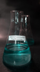 Ammonium hydroxide or ammonia solution 30% in glass flask with copy space. Chemical compound