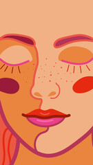 A bright art card with a picture of a woman's face with closed eyes in a rich color scheme
