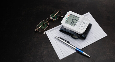 Automatic digital wrist blood pressure monitor, pressure monitoring chart, pen, glasses on black...