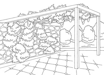 Gazebo garden modern graphic black white architect landscape sketch illustration vector 