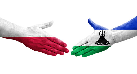 Handshake between Lesotho and Poland flags painted on hands, isolated transparent image.