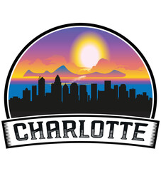 Charlotte North Carolina USA Skyline Sunset Travel Souvenir Sticker Logo Badge Stamp Emblem Coat of Arms Vector Illustration EPS