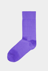 Purple, Violet tall, long, blank, classic sock isolated on white background. Unisex, women's, female, male, mens high, cotton ankle socks. Single. Mock up, template, close up