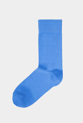 Blue tall, long, blank, classic sock isolated on white background. Unisex, women's, female, male, mens high, cotton ankle socks. Single. Mock up, template, close up