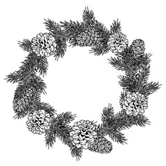 Christmas transparent png wreath illustration. Merry Christmas vintage design with fir branches and pine cones. © Oksana