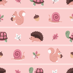 Little squirrels, snails, hedgehogs and tortoises on a light pink background with horizontal stripes. Seamless repeated surface vector pattern design.