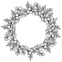 Christmas transparent png wreath illustration. Merry Christmas vintage design with holly leaves and berries.