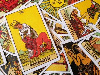 Picture of the Strength tarot card from the Original Rider Waite tarot deck with mixed tarot cards...