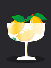Juicy lemons with leaves in a transparent frosted glass vase on a black background. Vertical banner with sour fruits for lemonade. Vector.