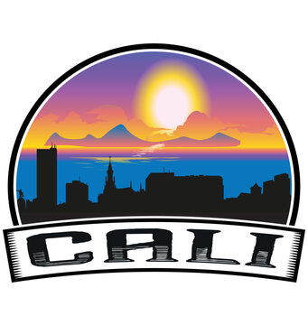 Cali Colombia Skyline Sunset Travel Souvenir Sticker Logo Badge Stamp Emblem Coat of Arms Vector Illustration EPS