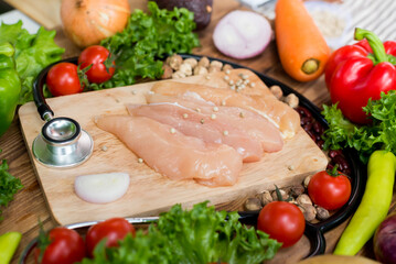 Fresh chicken with salad. Fresh organic vegetables for cooking diet and healthy food.