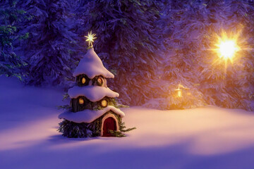 Abstract toy castle. Fairy hut. Christmas winter background. 3d image